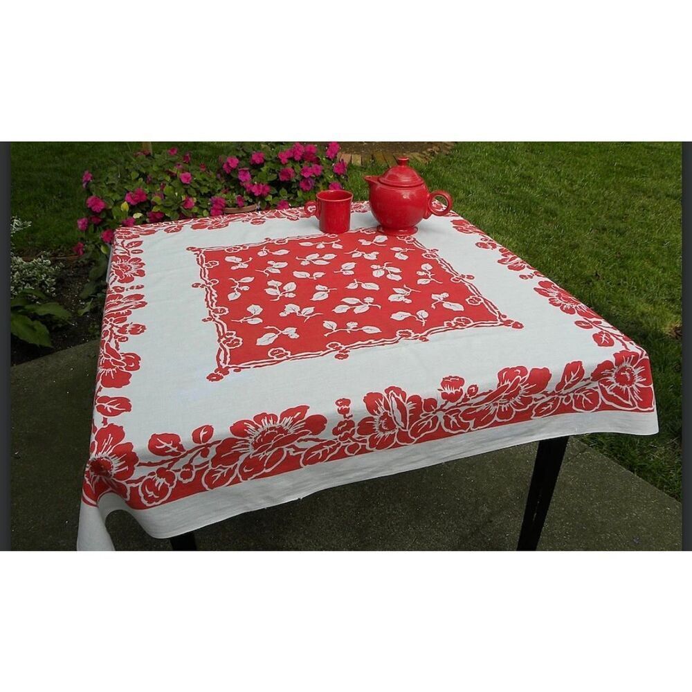 Vintage Springmaid Red and White Flowered Tablecloth See Details